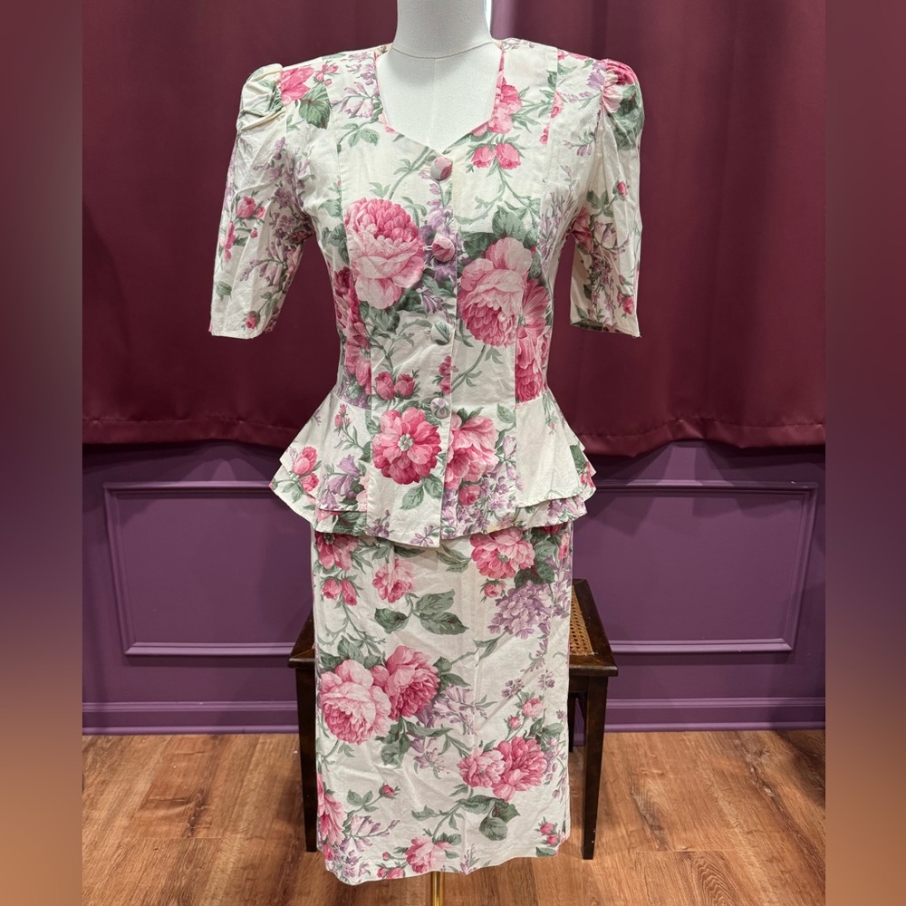 Vintage Floral Pencil Skirt Set in Pink and Green